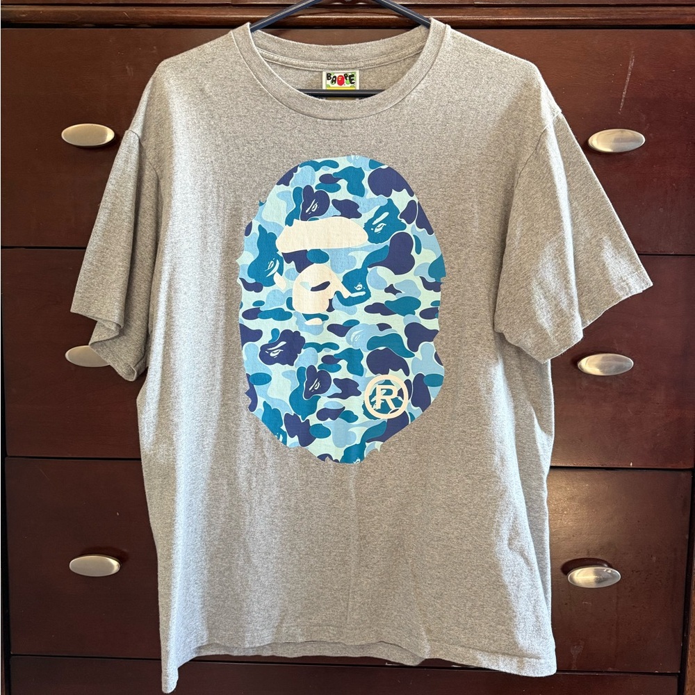 Gray Bathing Ape T-Shirt with Blue Graphic(AUTHENTIC)             Size Large
